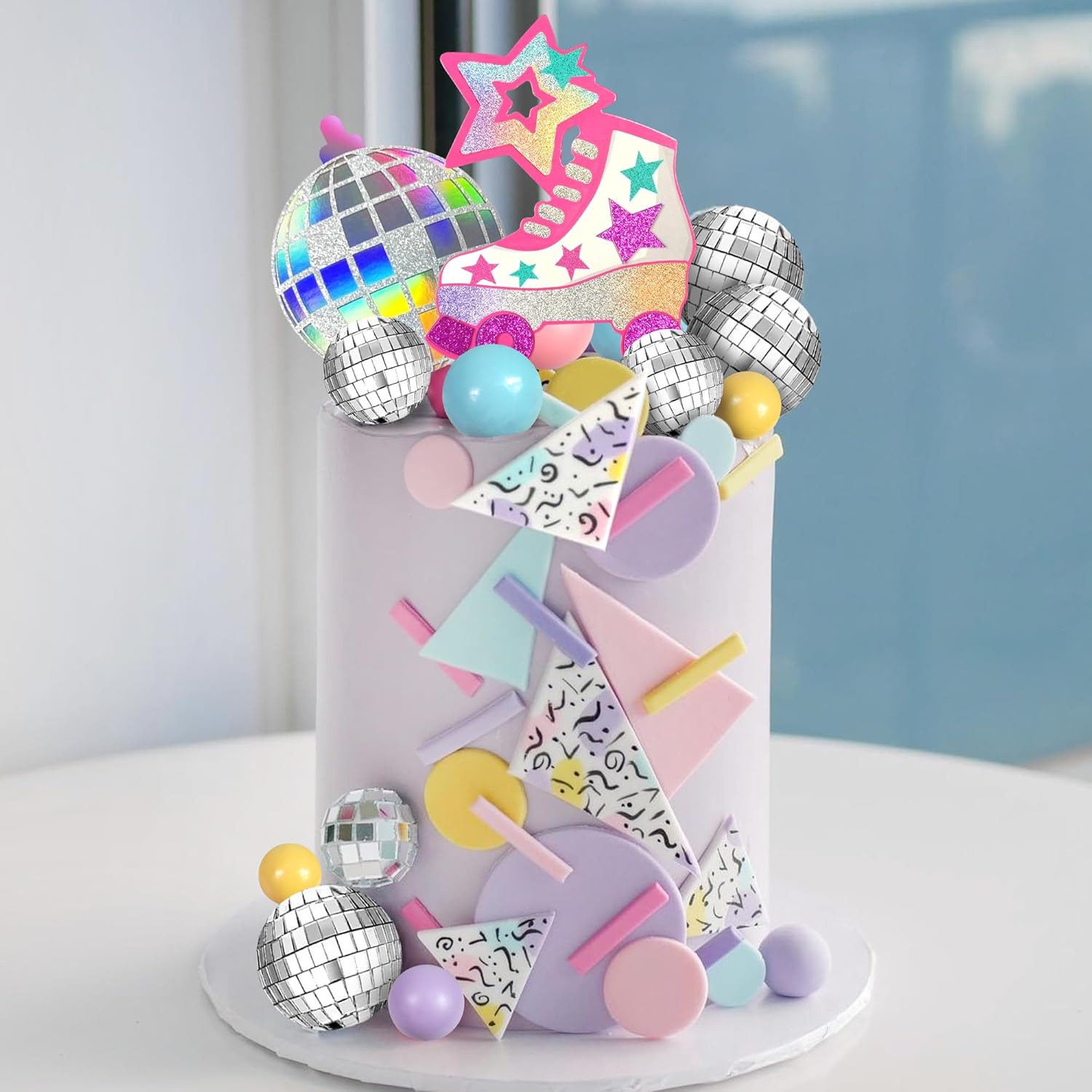 Decoración para tartas de patinaje sobre ruedas, bola de disco, decoración de pasteles de bolas pastel para niñas de los años 80 y 90, patinaje, hip