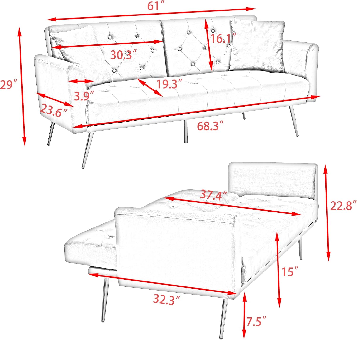 Eafurn Cama convertible con botones, sofá cama tapizado de terciopelo, respaldo ajustable y 5 pies de metal, sofá biplaza futón plegable para sala