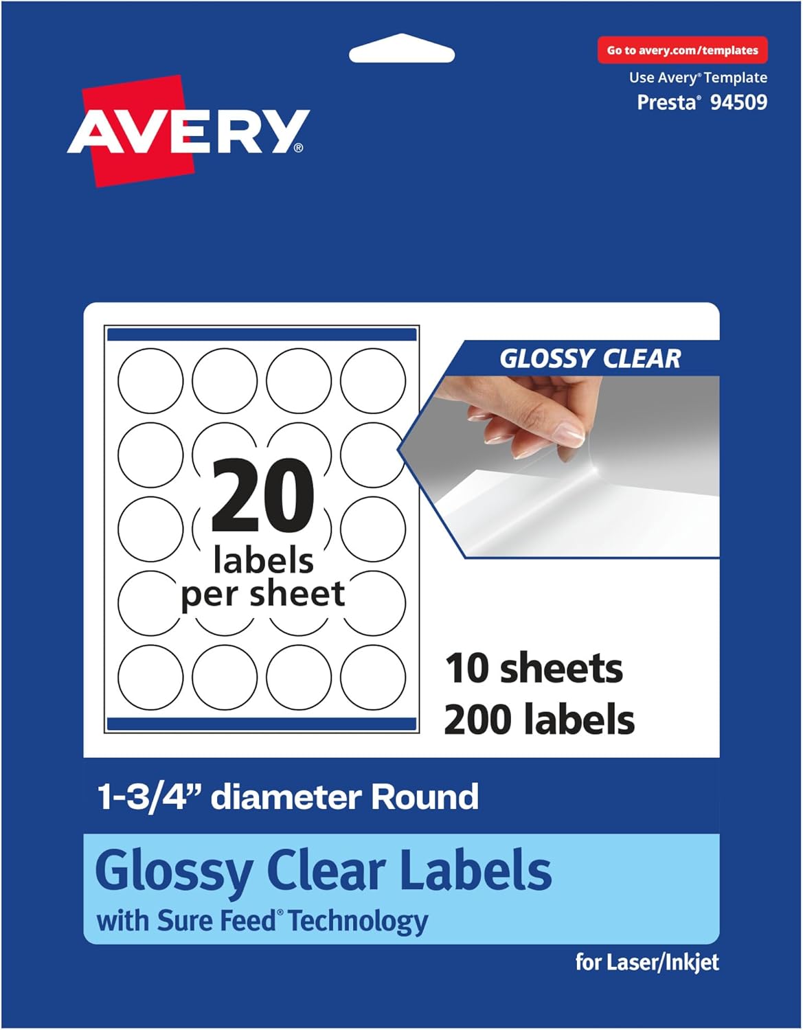 Avery Etiquetas redondas transparentes brillantes con alimentación segura, 1.75 pulgadas de diámetro, 200 etiquetas transparentes brillantes,