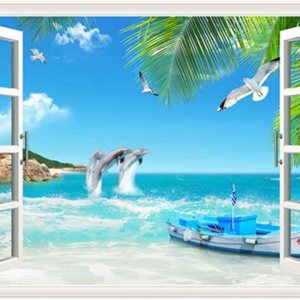 HOTIYOK Calcomanías de pared falsas de océano, diseño de delfines y animales marinos, hojas verdes, gaviotas, mural de pared para ventana, póster HOTIYOK Calcomanías de pared falsas de océano, diseño de delfines y animales marinos, hojas verdes, gaviotas, mural de pared para ventana, póster