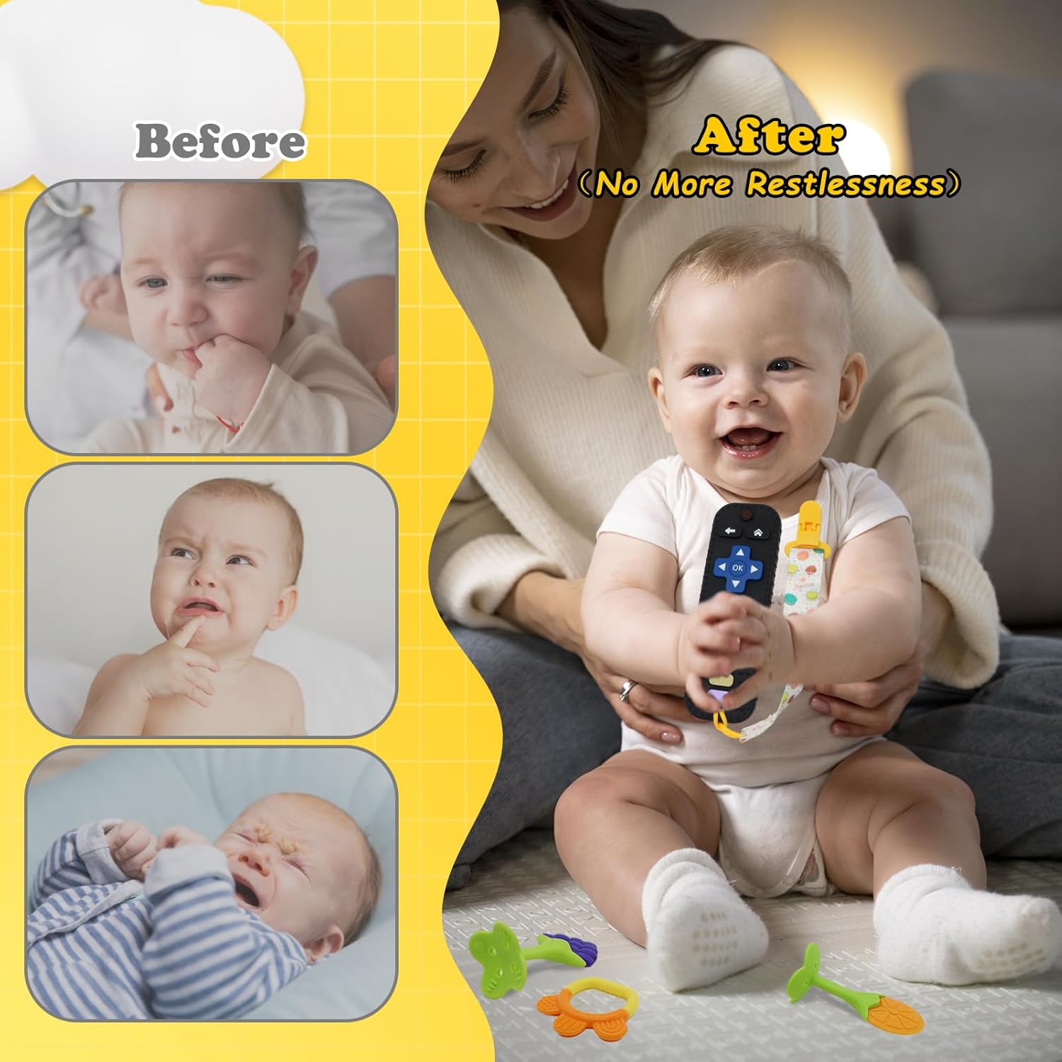 Juguetes de dentición para bebés, juego de 8 mordedores para 0-6, 3-6 meses y 6-12 meses, 2 mordedores con forma de control remoto, campana,