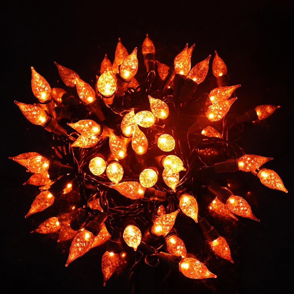 Guirnalda de luces naranjas de Halloween, 70 luces LED de cristal C5 con certificación UL, luces de Navidad para uso en interiores y exteriores,