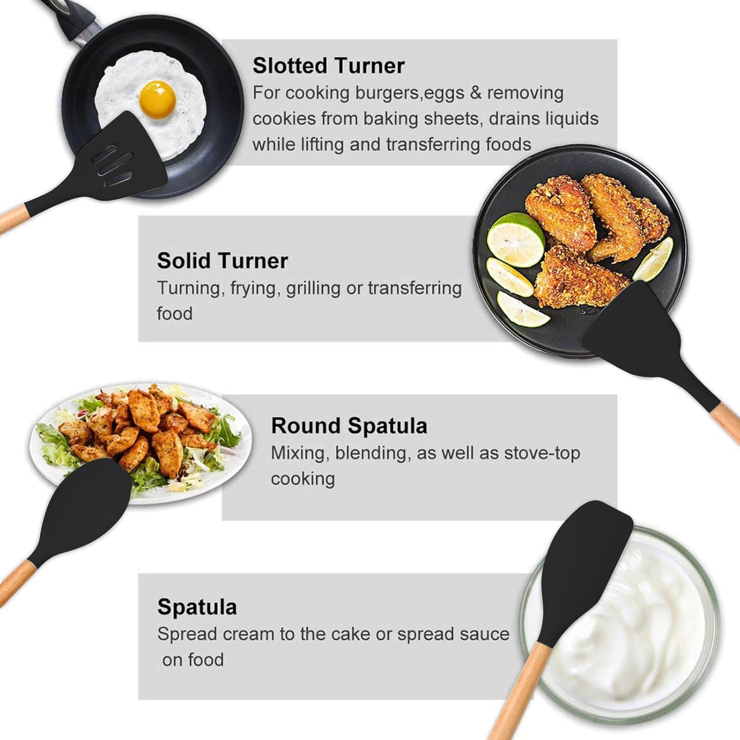 Juego de utensilios de cocina de silicona, 12 piezas, juego de utensilios de cocina, utensilios de cocina para cocinar mango de madera con soporte