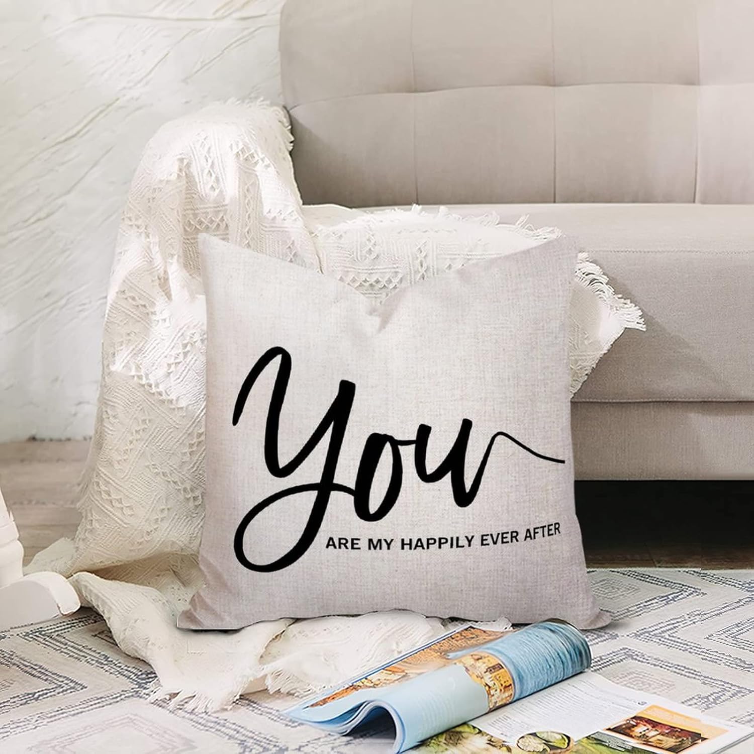 You are My Happily Ever After Quotes – Fundas de almohada decorativas de 22 x 22 pulgadas, funda de almohada de algodón y lino, divertida funda de