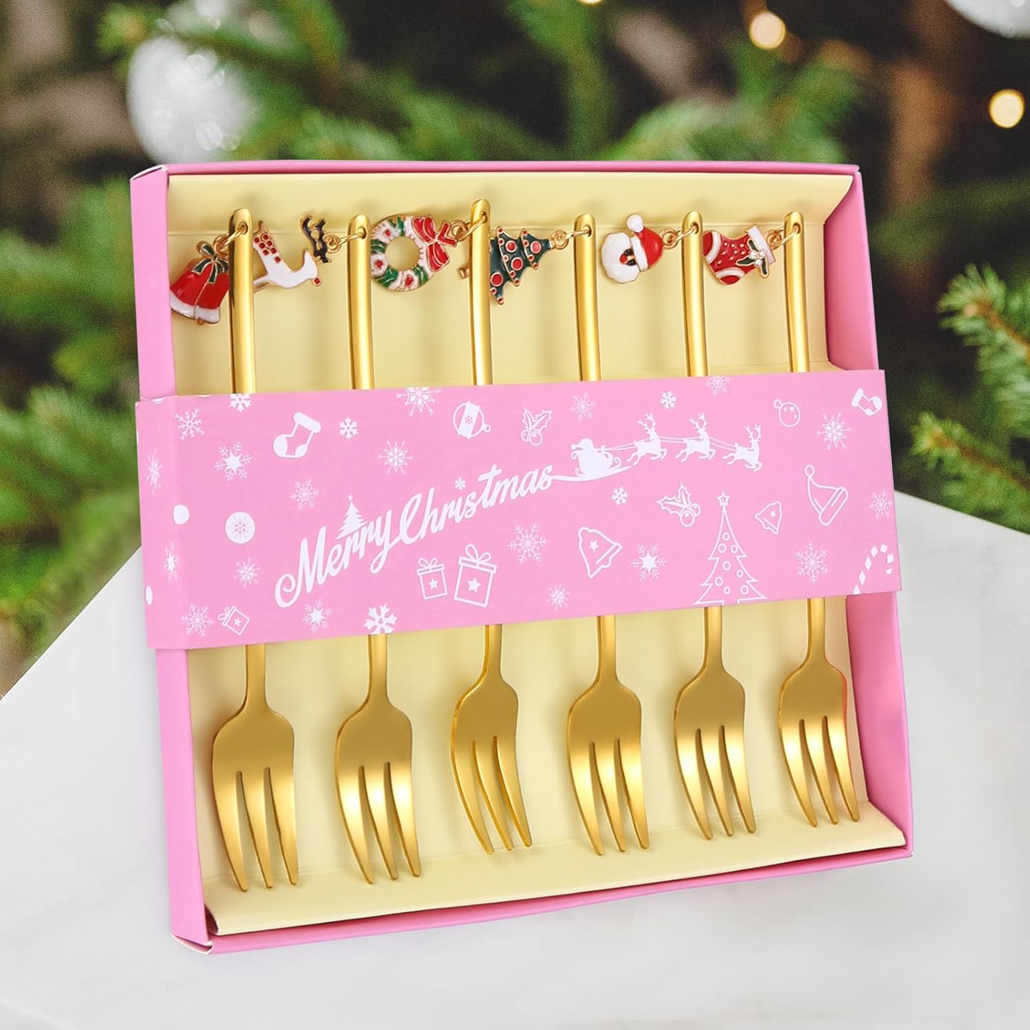 Juego de cubiertos dorados de Navidad de acero inoxidable, 6 piezas con mango de abalorios de Navidad, perfecto para ensalada, café, revolver y