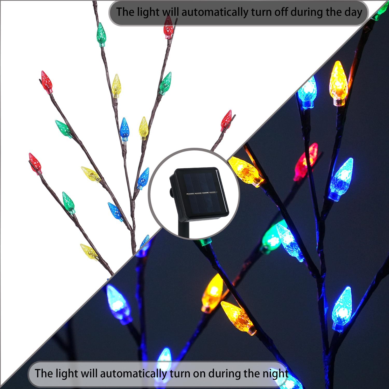 Decoraciones de Navidad para exteriores, 4 juegos de luces solares para árbol de Navidad con 80 luces C6 multicolor, adecuadas para árbol de Navidad