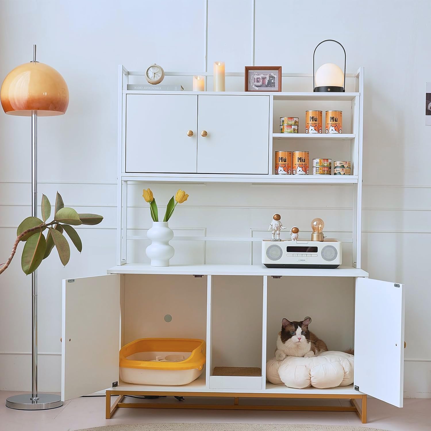 Caja de arena para gatos, caja de arena grande oculta para gatos de 60 pulgadas con estante, muebles de casa para gatos de interior con almohadilla