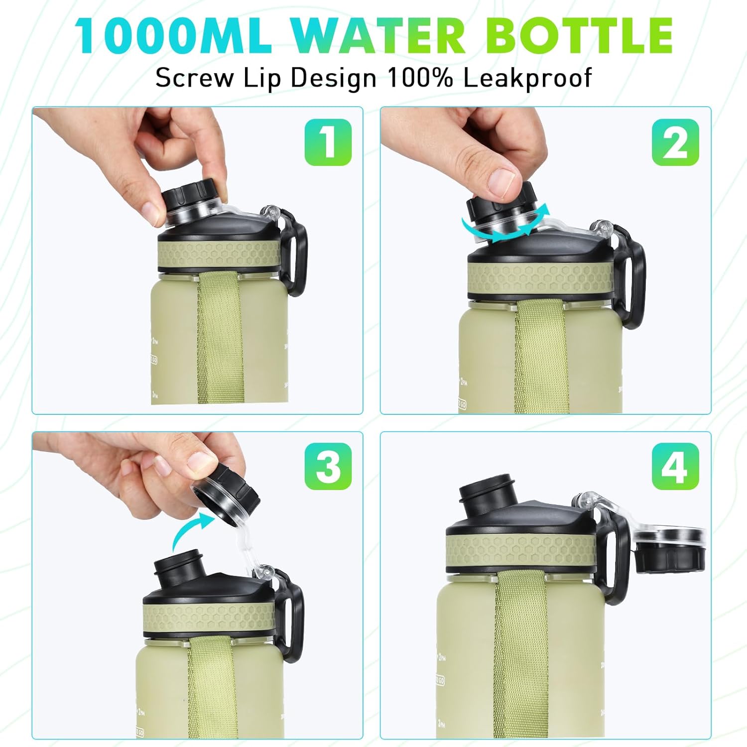Botella de agua de 34 onzas, botella de bebida motivacional con marcador de tiempo, botella de bebida a prueba de fugas, sin BPA, no tóxica para