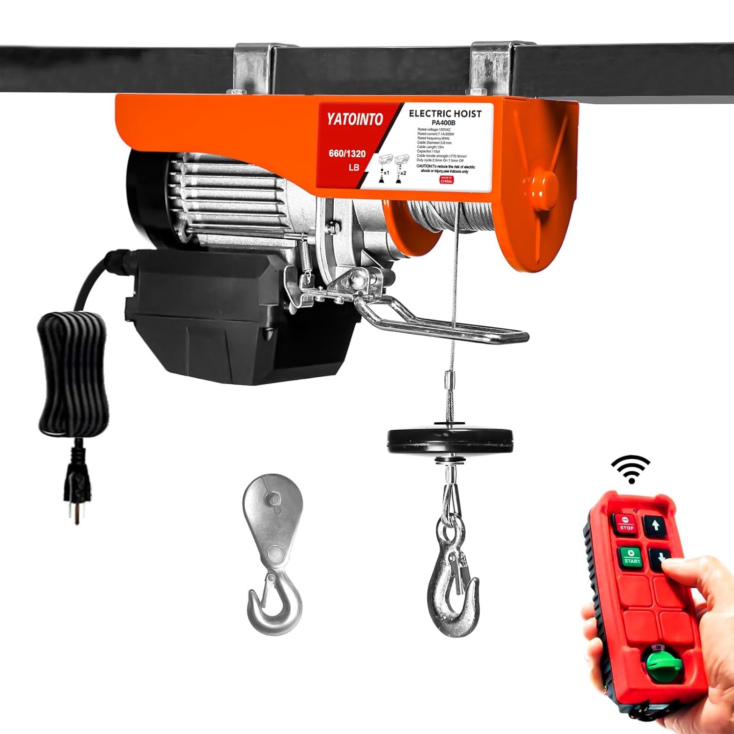 YATOINTO Polipasto eléctrico resistente de 120 V, capacidad de 1320 libras, altura de elevación de 39 pies, con control remoto inalámbrico y parada