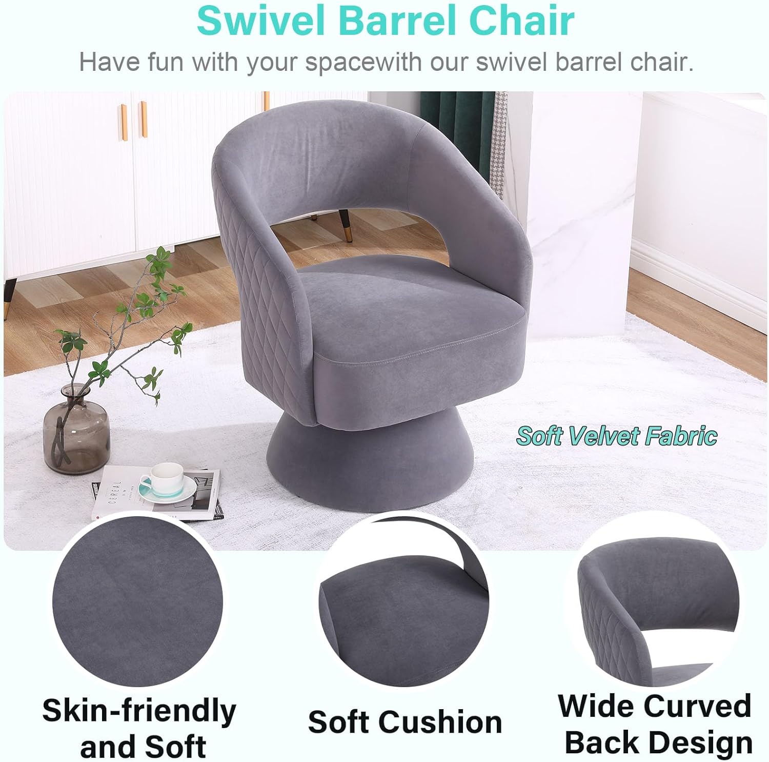 ODUWA Silla giratoria de barril de acento, moderna silla redonda de terciopelo con respaldo abierto curvo, cómoda silla giratoria de 360 grados para