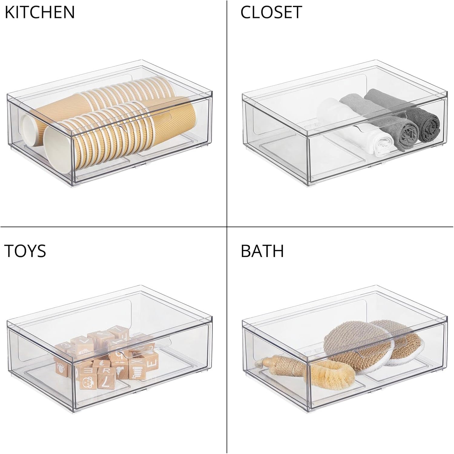 mDesign Contenedores organizadores de almacenamiento de cocina apilables de plástico con cajón frontal para gabinete, despensa, refrigerador,