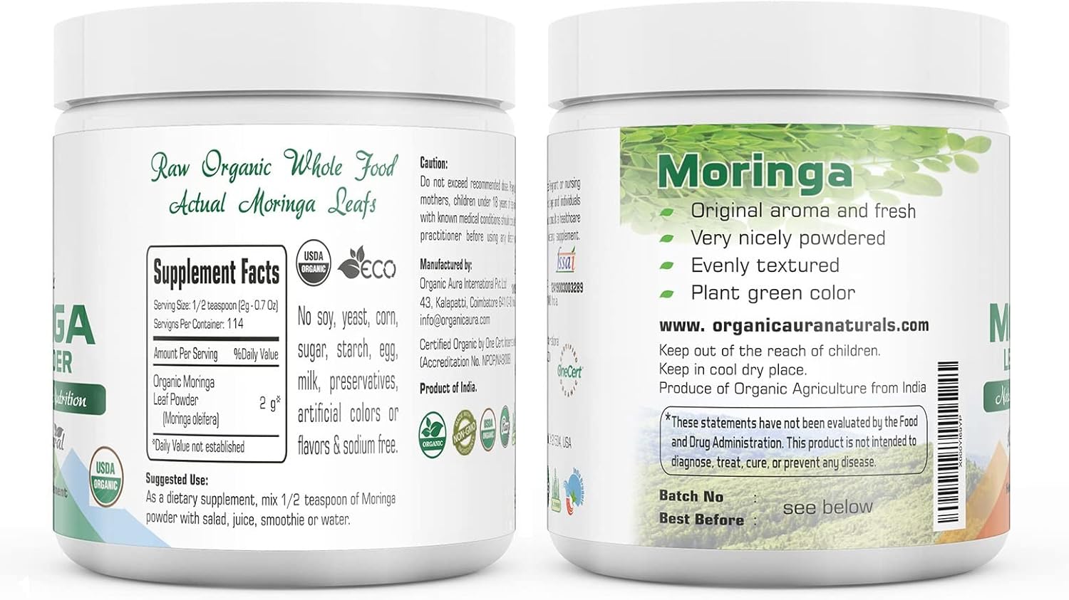 Polvo de hoja de moringa orgánica certificada, 8 onzas. Certificado orgánico por USDA. Aumenta naturalmente la energía, el metabolismo y la