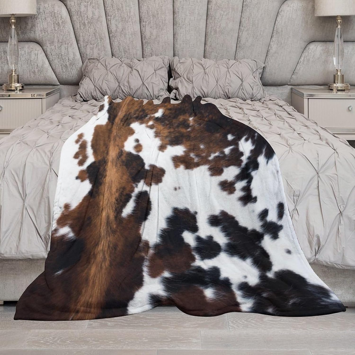 Manta de forro polar con estampado de vaca, piel de vaca marrón y blanca, estilo rústico occidental, para todas las estaciones, franela suave y