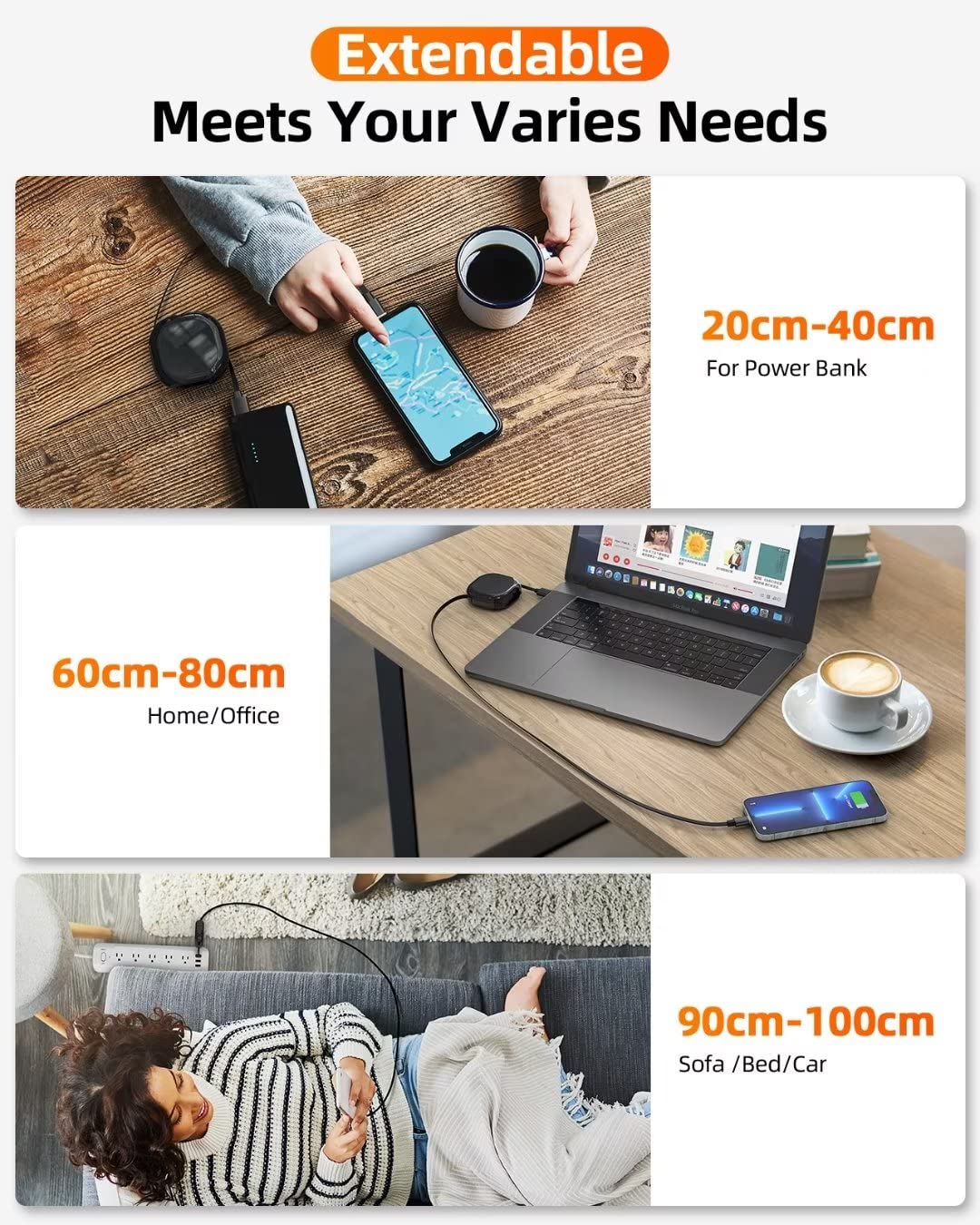 YKZ Cable de carga retráctil magnético 3 en 1, cable de carga de teléfono USB retráctil de viaje 3A con micro USBTipo-C para todos los dispositivos