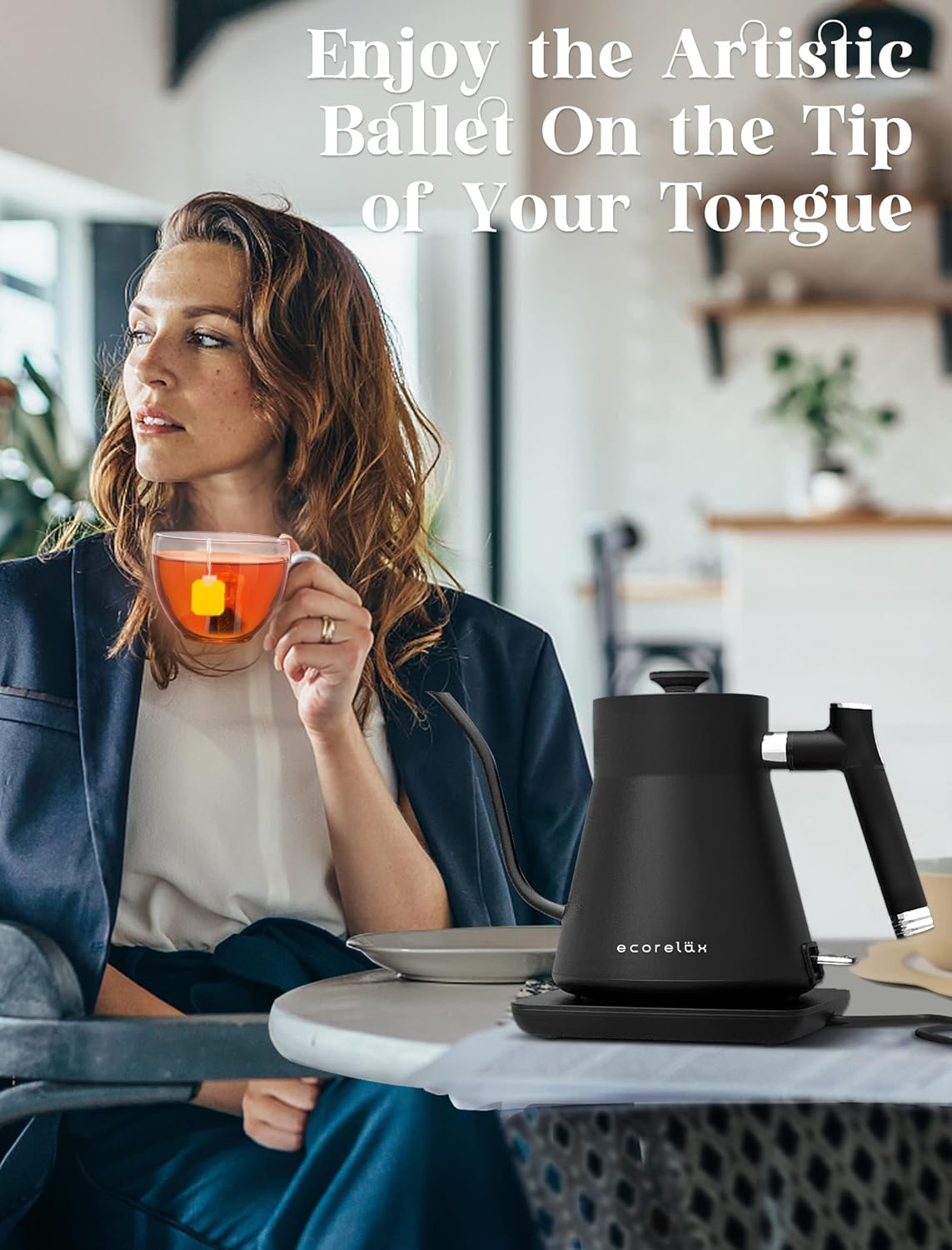ECORELAX Hervidor eléctrico de cuello de cisne, tetera para café y té, interior 100% de acero inoxidable con diseño a prueba de fugas, calentamiento