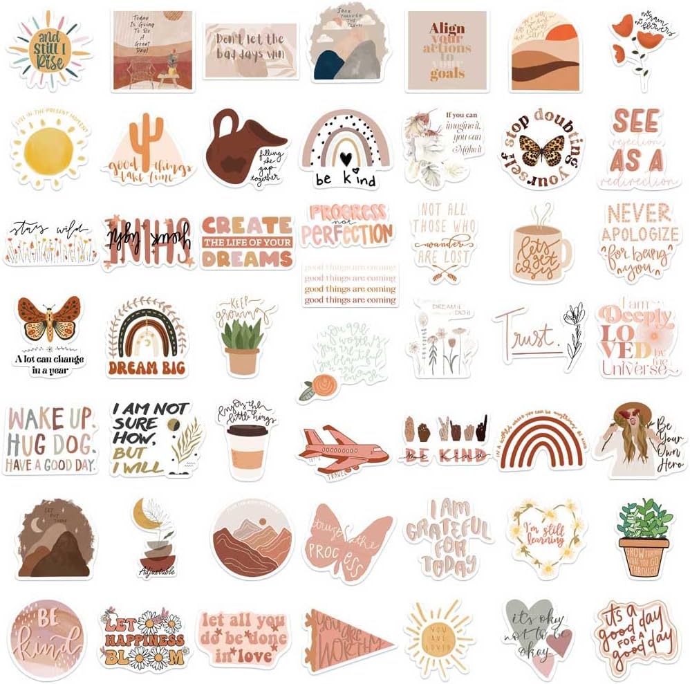 Calcomanías inspiradoras vintage, 50 unidades, calcomanías estéticas motivacionales bohemias para mujeres, adultos, niños, adolescentes, profesores,