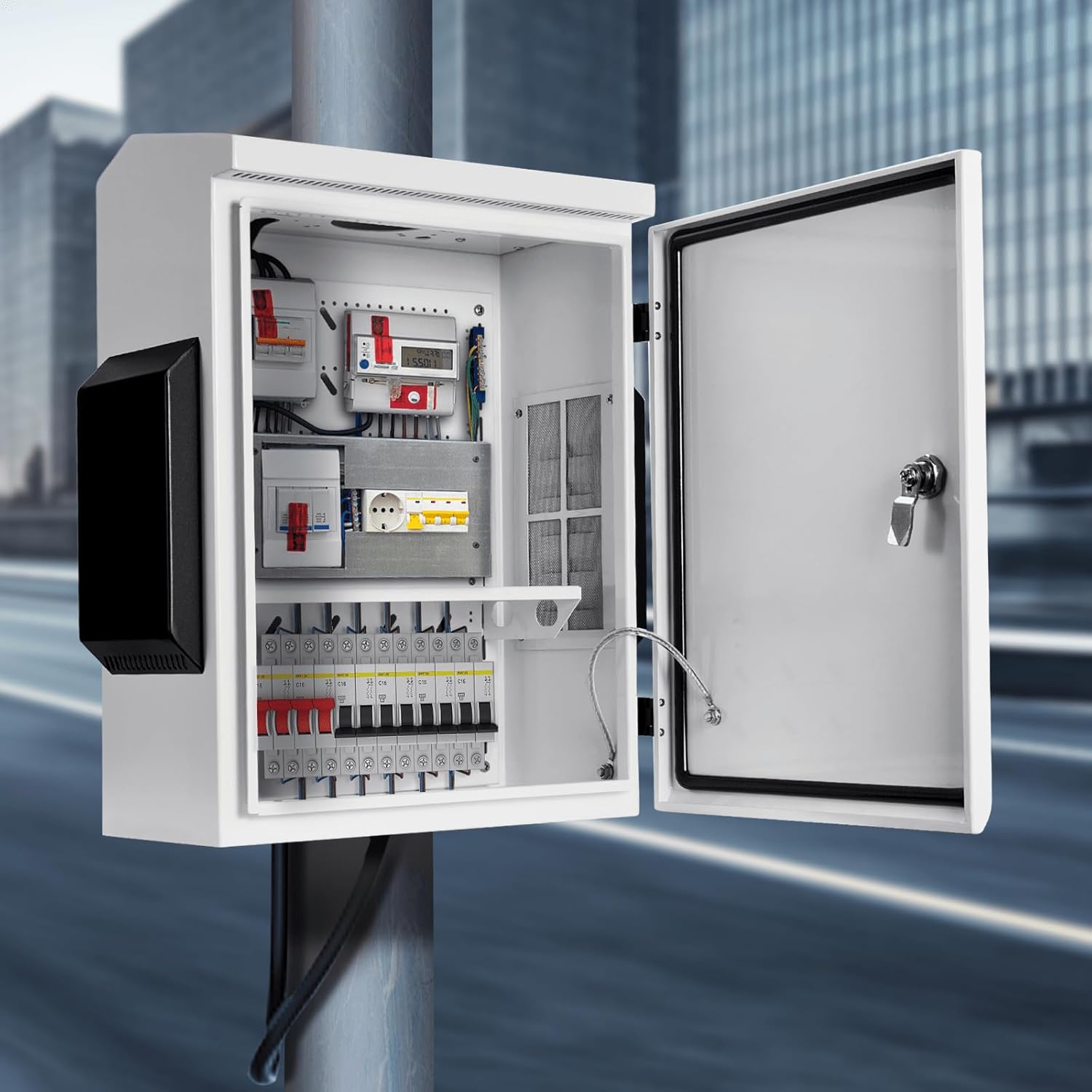 Caja eléctrica al aire libre, placa de acero laminada en frío, viga trasera de aleación de aluminio, diseño de ventilación de una pieza, IP65