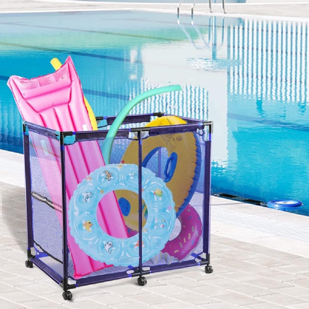 Cesta de bolas para interiores y exteriores, organizador de almacenamiento de piscina, carrito rodante, contenedor de malla lateral para organizador