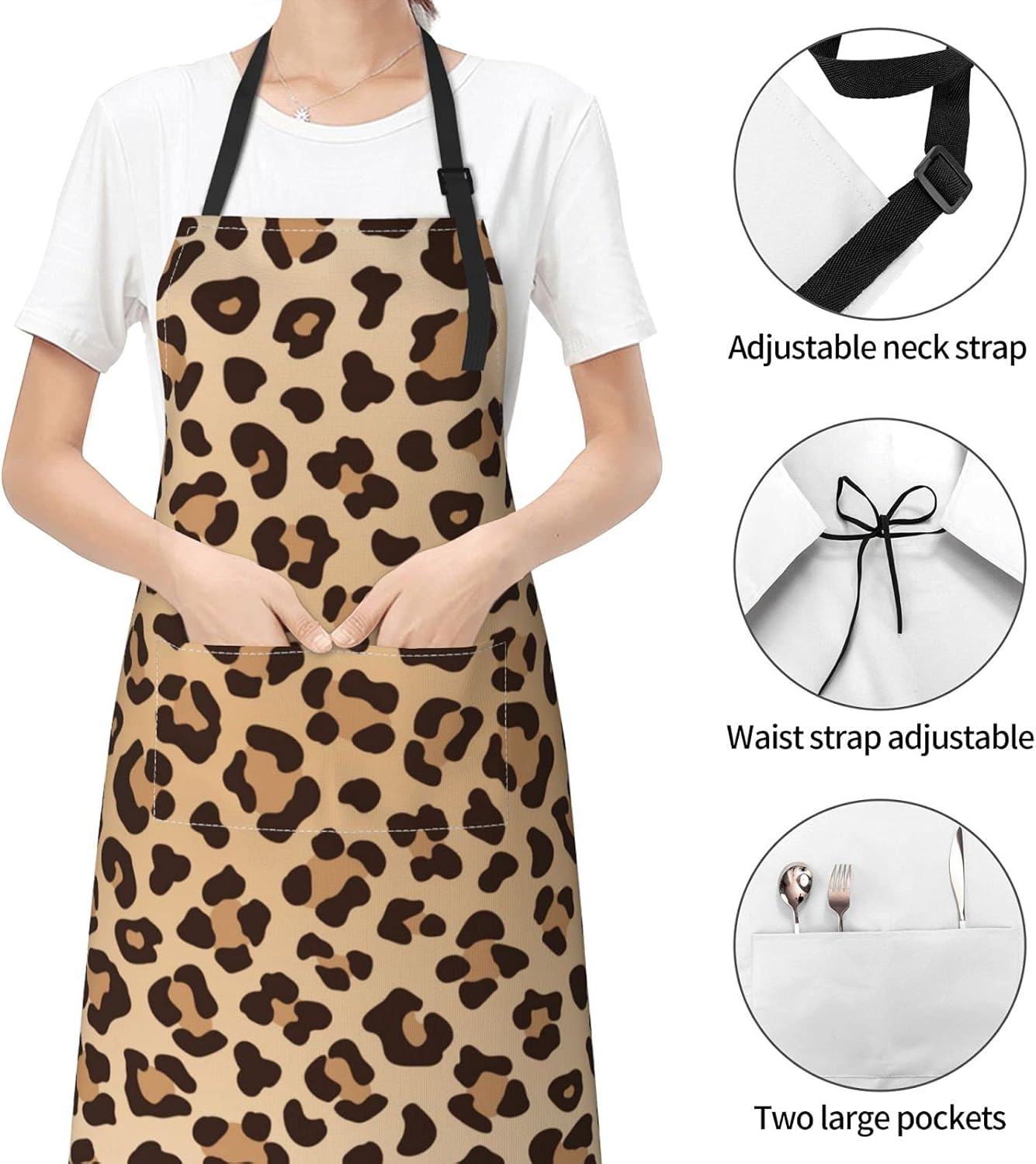 Delantal impermeable con estampado de leopardo con 2 bolsillos, textura de piel animal, delantales de chef de cocina, baberos para cocinar, hornear,