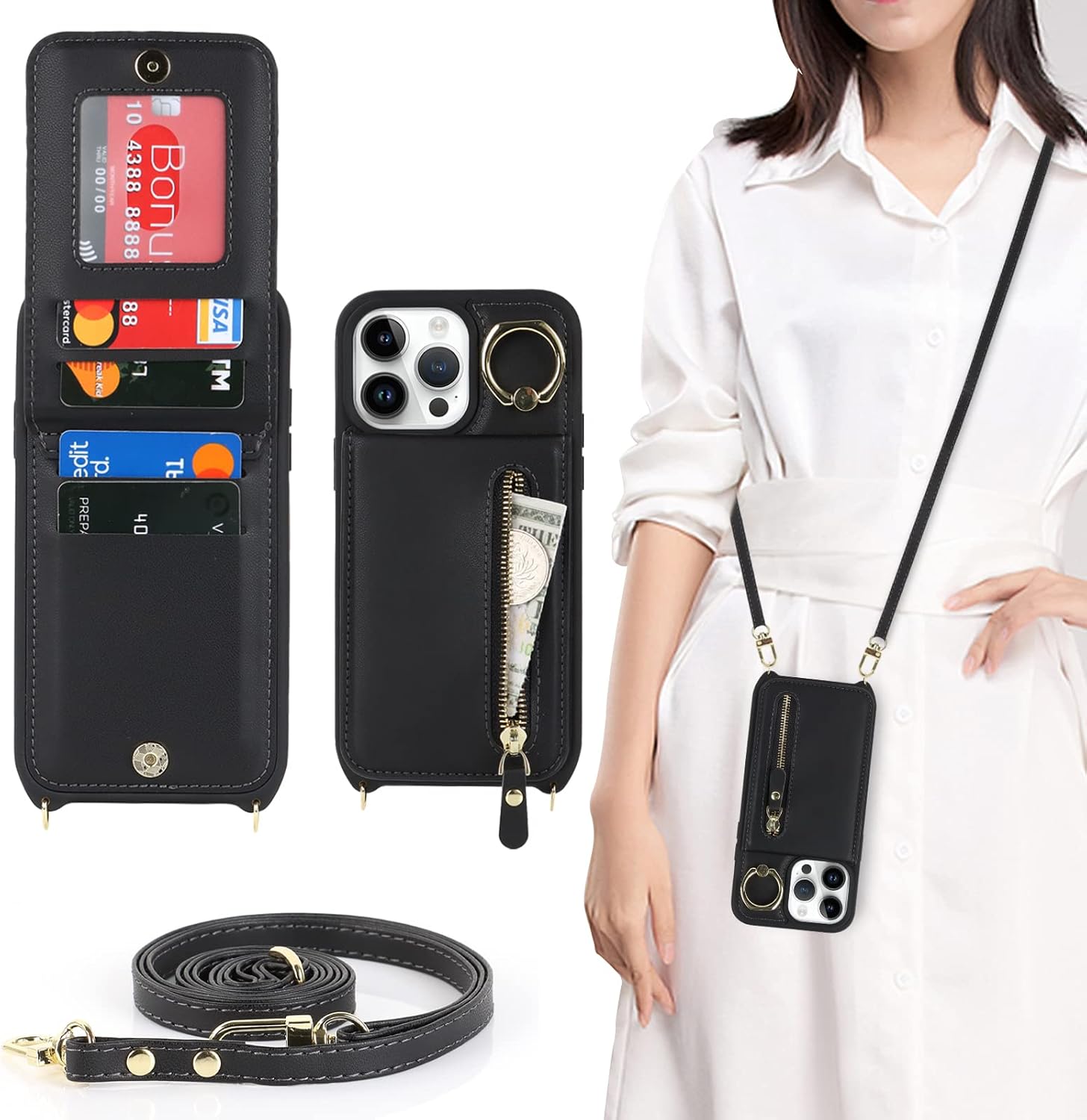 Funda para iPhone 13 Pro Max con correa, iPhone 13 Pro Max con tarjetero y ranuras para tarjetas de crédito Crossbody con función atril y cremallera