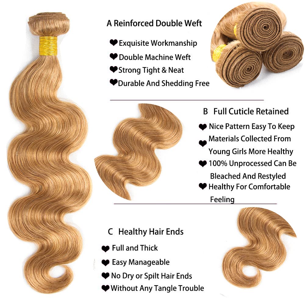 Color 27 – Manojos de cabello humano rubio miel, paquetes de cabello Remy virgen brasileño, 3 paquetes de 12, 14, 16 pulgadas, extensiones de