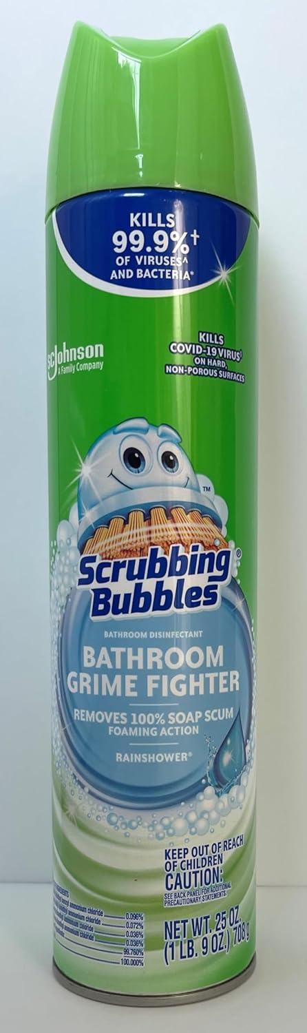 Scrubbing Bubbles – Lucha contra la suciedad de baño, aroma Rainshower, paquete de 4 latas de 25 onzas y limpiador de vidrio en aerosol, 4 latas de