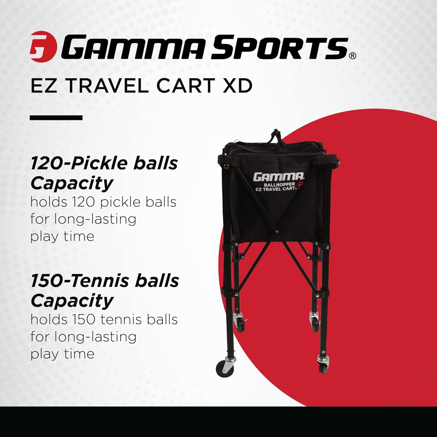 Gamma Sports EZ Travel Cart Pro, diseño compacto portátil, construcción ligera y resistente, capacidad disponible para 150 o 250, funda de