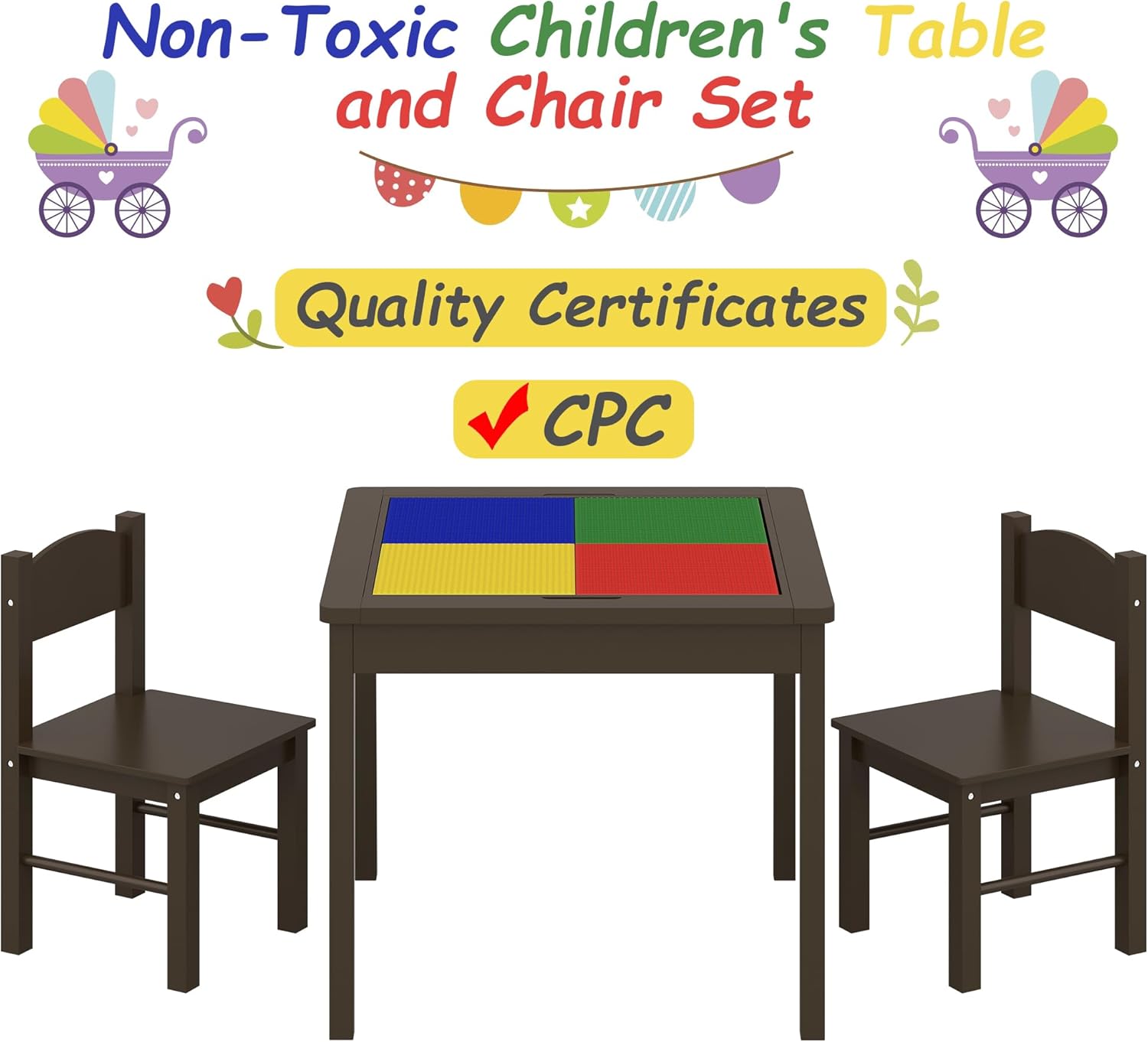 4NM Juego de mesa de juego 3 en 1 para niños y 2 sillas con almacenamiento, compatible con Lego y Duplo Bricks, mesa de madera para niños pequeños,