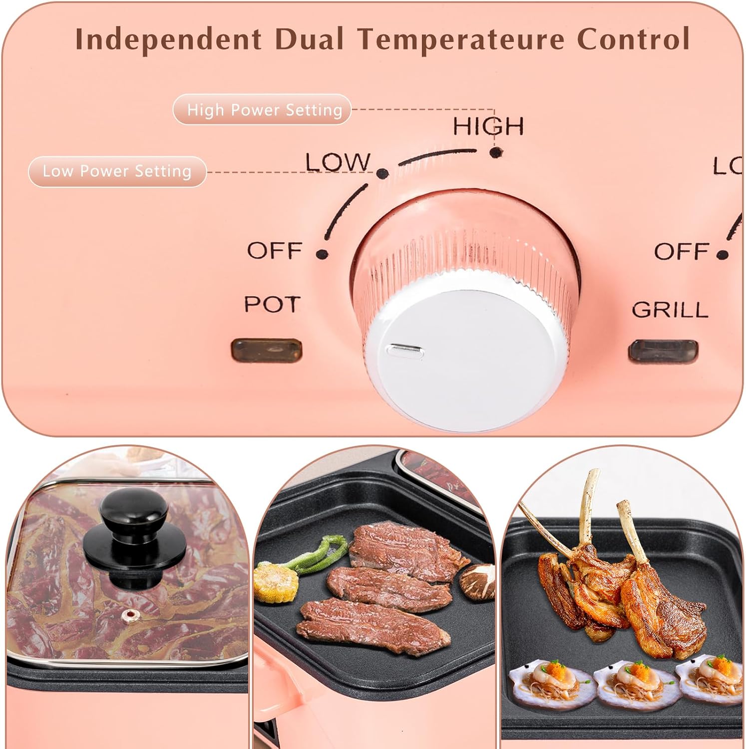Olla eléctrica con parrilla, 2 en 1 antiadherente para interiores Shabu Shabu Shabu y sartén, mini olla caliente portátil para freír, fideos,