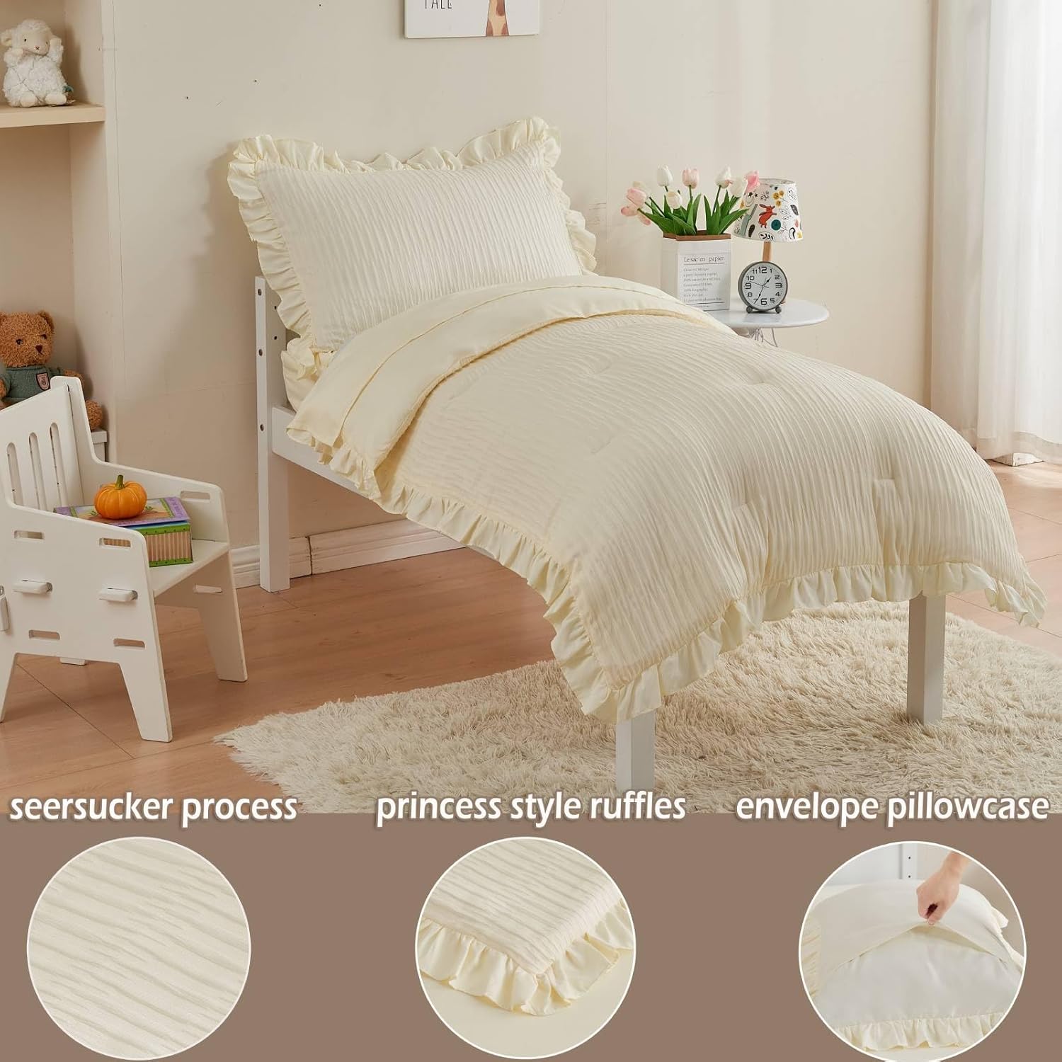 Juego de ropa de cama de 4 piezas con textura de sirsaca para niñas, juego de sábanas para cuna, color beige, con volantes, ropa de cama suave y