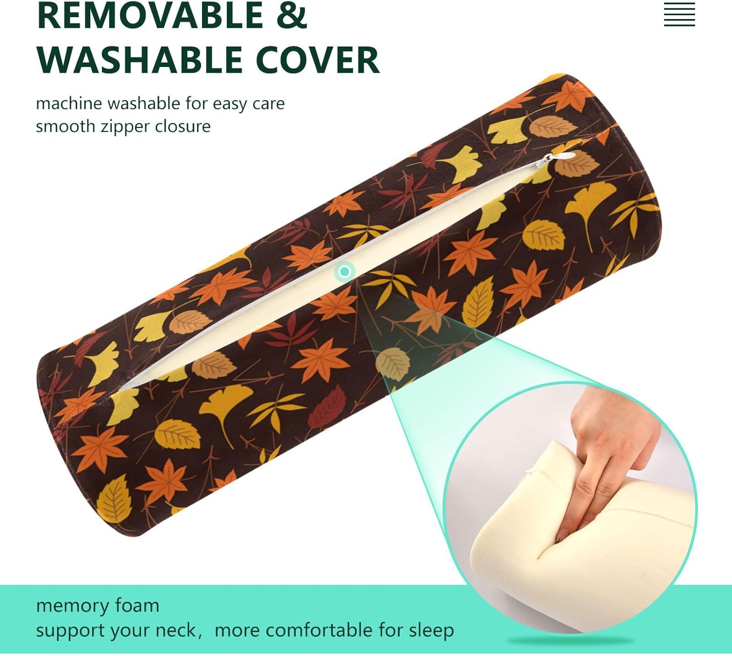 KLL Autumn Leaves Bolster Pillow Decorative Foam Neck Roll Pillow Round Pillow Insert 17 Inch Round Foam Cushion Bolster Cover with Zipper