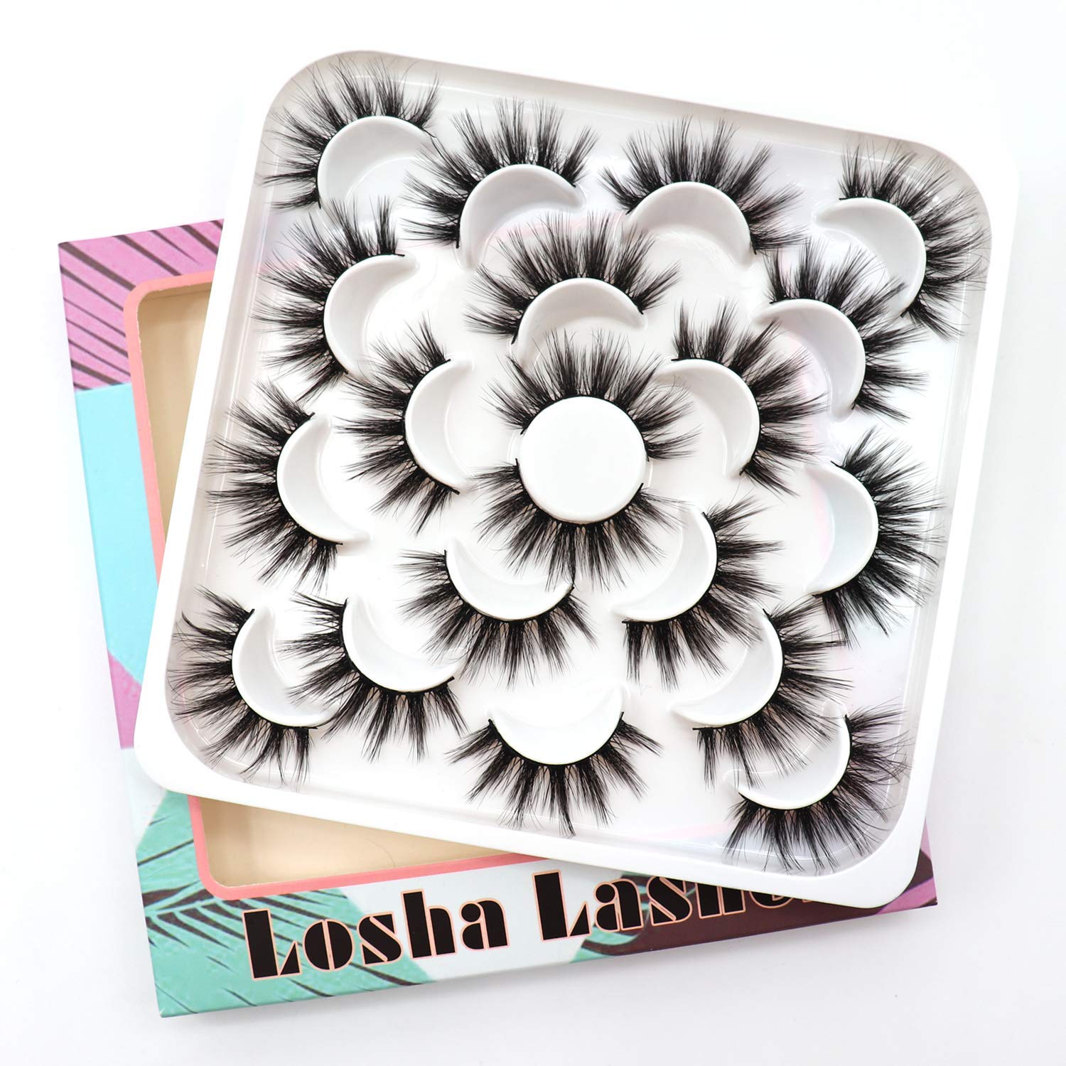 Losha Pestañas postizas, paquete de 10 pares, pestañas postizas de visón sintético, hechas a mano, dramáticas, largas, gruesas, suaves,