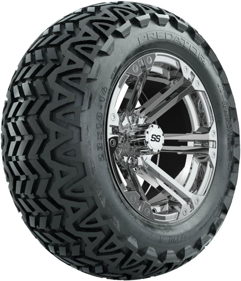 GTW Combo de ruedas y neumáticos para carrito de golf de 14 pulgadas  GTW Specter Chrome Wheels en neumáticos todo terreno Predator 23×10-14  Juego
