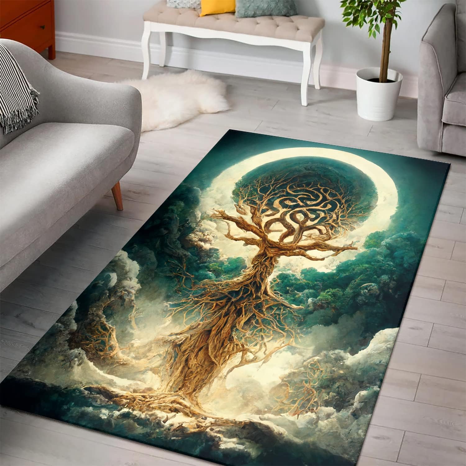 Alfombra vikinga para dormitorio, sala de estar, regalo para amantes de la mitología nórdica, alfombra de área de acuarela del árbol de la vida para