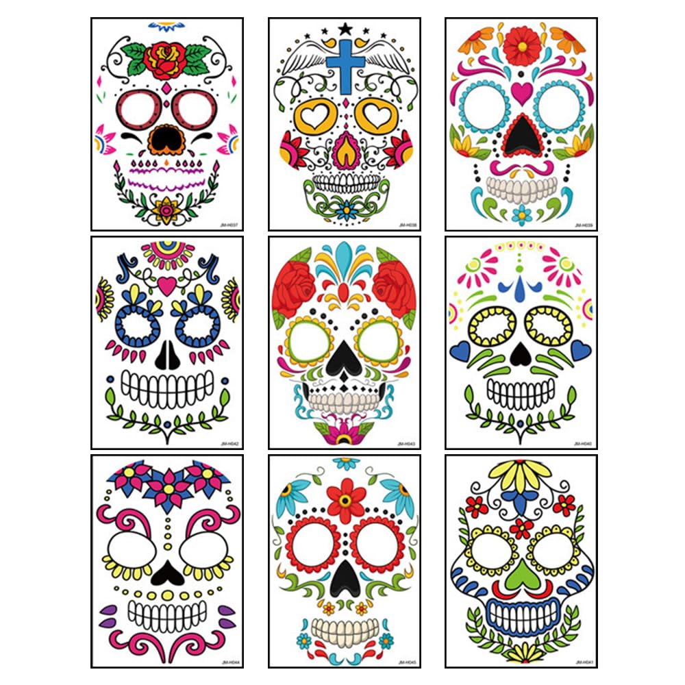 Hying 9 tatuajes temporales del Día de los Muertos, tatuajes de esqueleto de Halloween, tatuajes faciales de calavera floral de azúcar, calcomanías