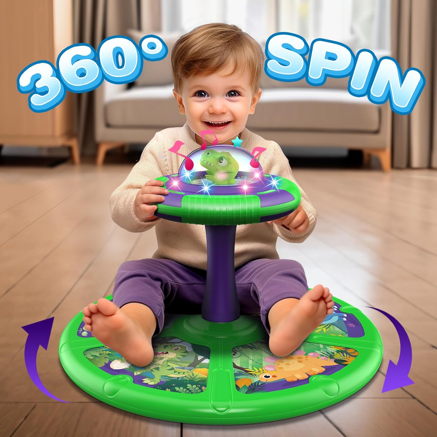 Dinosaurio sentado y giro, 360 Sit and Spin, juguete para niños pequeños de 1 2 a 3 años con LED y música, regalo de cumpleaños para niños y niñas
