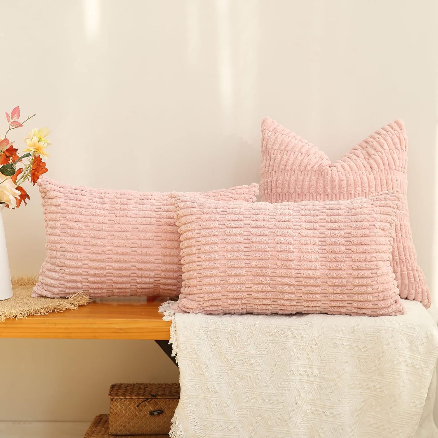 Hckot Juego de 2 fundas de almohada decorativas rosas de 12 x 20 pulgadas  12.0 x 20.0 in., de pana suave, para sala de estar, sofá, cama, estilo