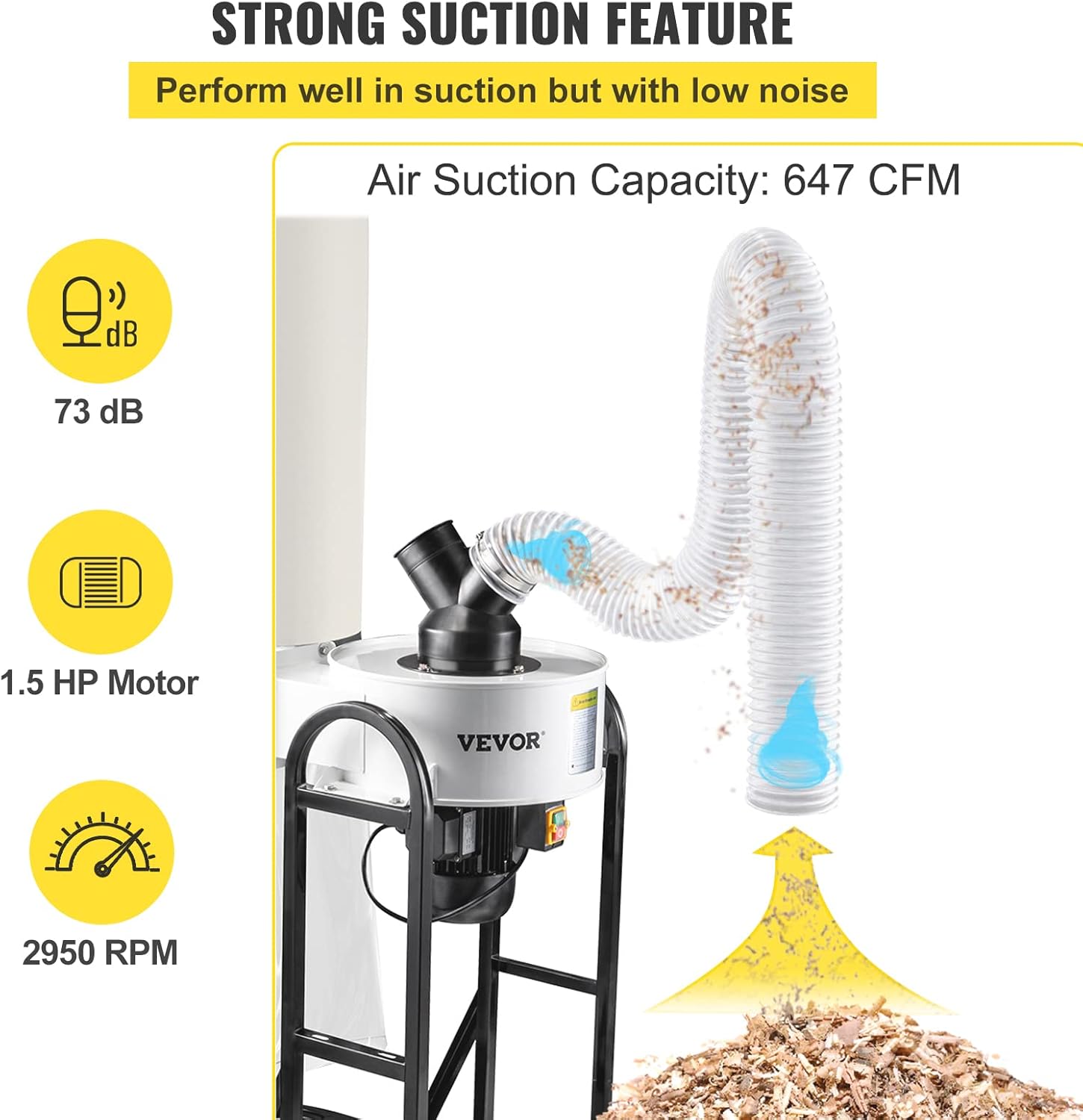 VEVOR Colector de polvo de 1.5 HP, colector de polvo de vórtice portátil de 647 CFM, colector de polvo para carpintería con bolsa de recolección de