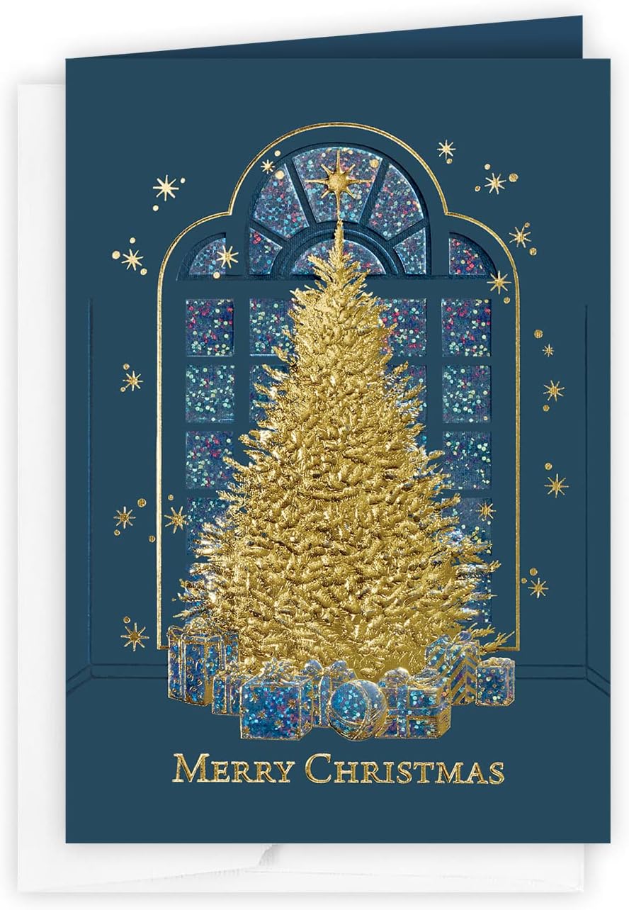 The Gallery Collection, 25 tarjetas de Navidad con silueta de árbol dorado con sobres forrados de aluminio, para negocios o consumidores