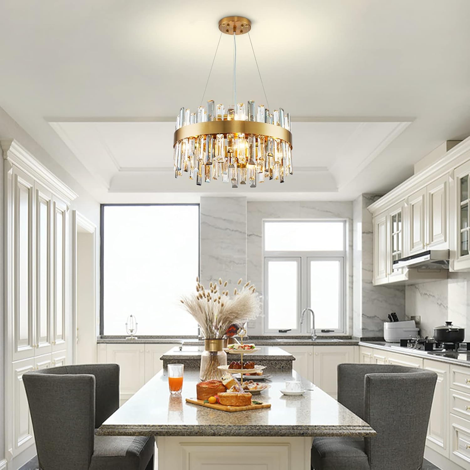 NOXARTE Candelabro redondo de cristal de lujo de 19.7 pulgadas, lámpara colgante moderna con alambre ajustable, lámpara dorada para comedor, sala de