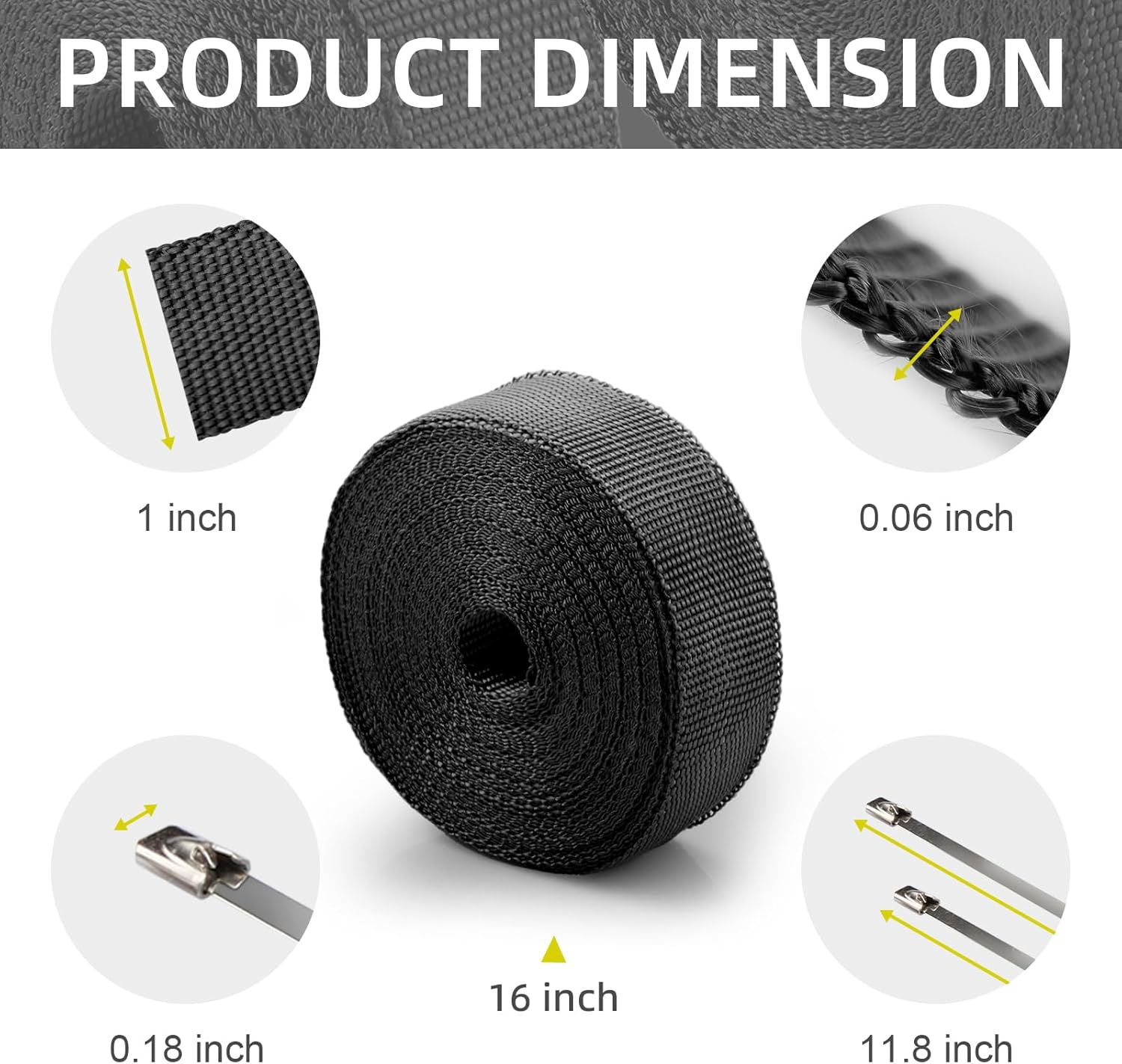 CARDI Cinta de protección térmica de fibra de vidrio negra de 1 pulgada x 16 pies con 4 lazos y guantes de acero inoxidable negro