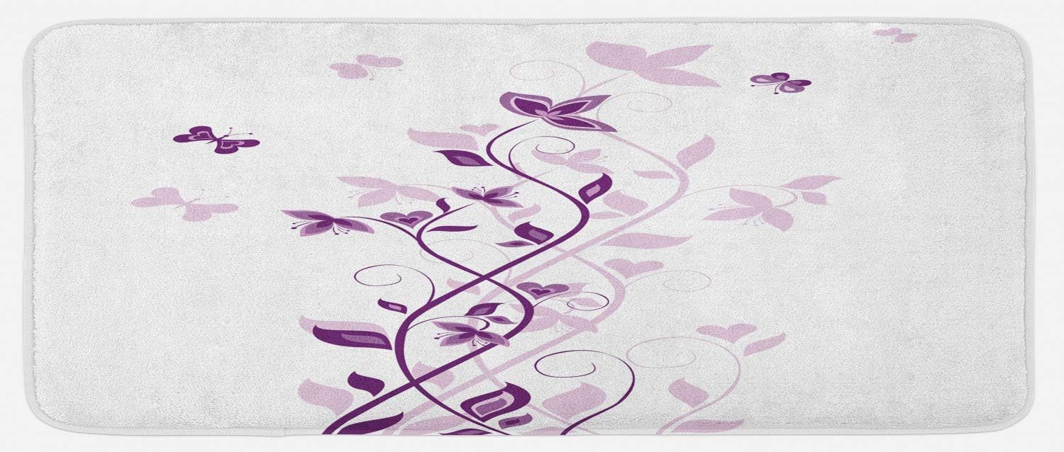 Ambesonne Tapete de cocina morado, árbol violeta, flores lilas persas con gráfico de plantas ornamentales de mariposas, tapete de cocina decorativo
