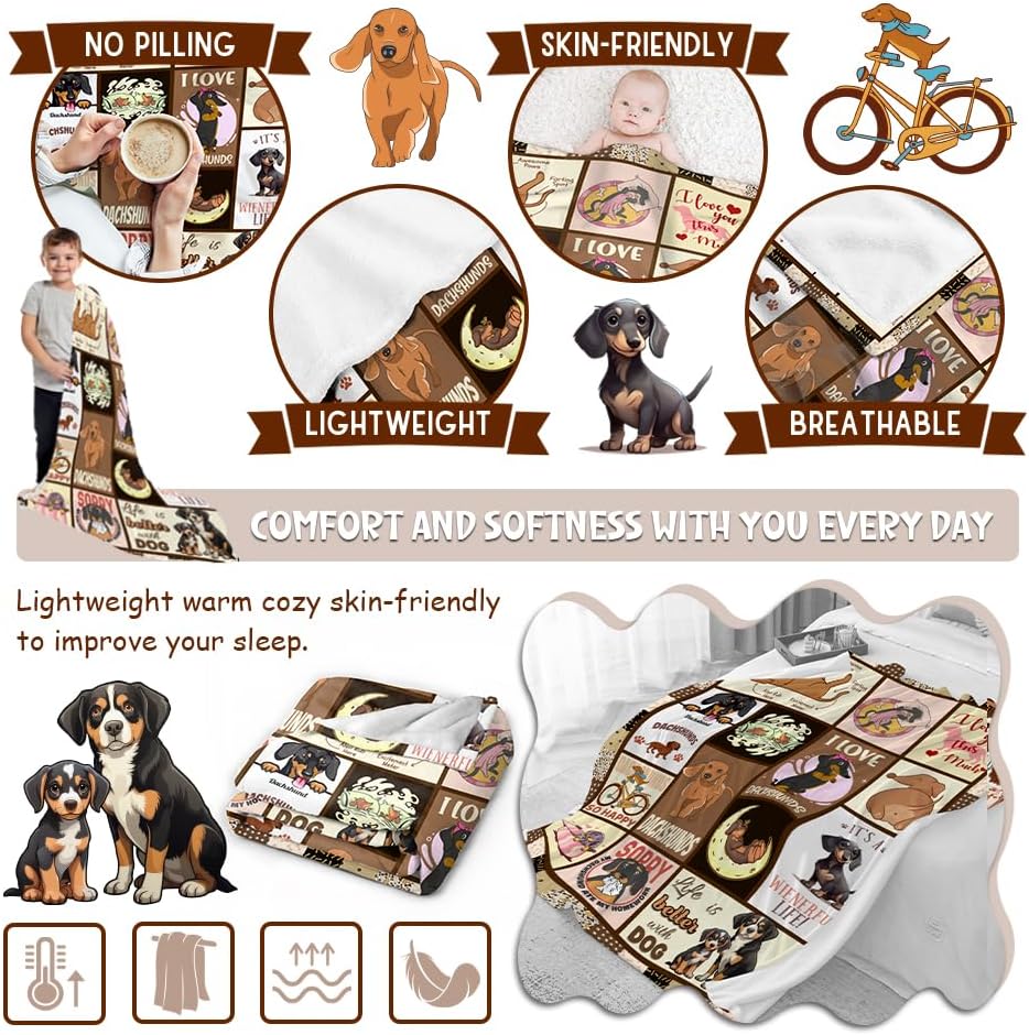 Divertida manta decorativa de franela de forro polar a cuadros de perro salchicha para mujer, manta ligera y suave, bonita manta acogedora para