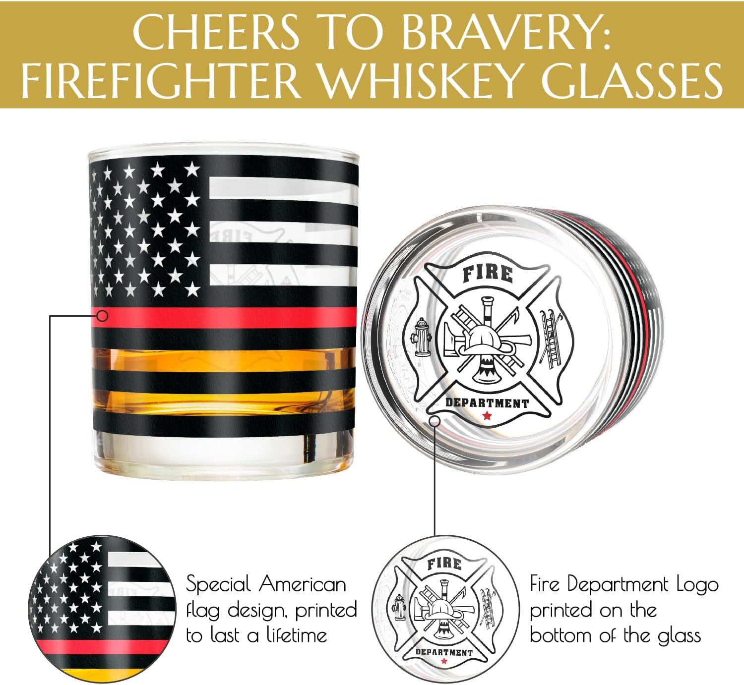 Greenline Goods Thin Red Line – Vasos de whisky de bombero, estilo antiguo, juego de 2, 10 onzas, vasos clásicos de vidrio con gráficos de bandera