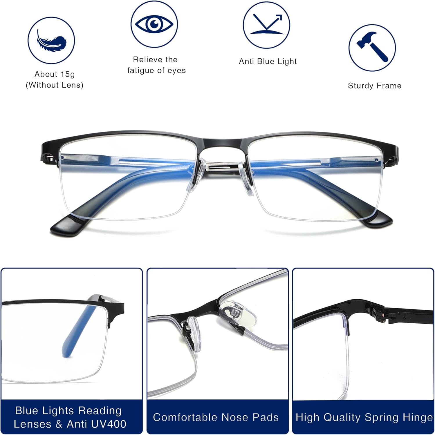 Gafas de lectura para hombre, 5 unidades, bloqueo de luz azul, lectores de metal de medio marco, bisagra de resorte, anteojos ligeros con filtro UV