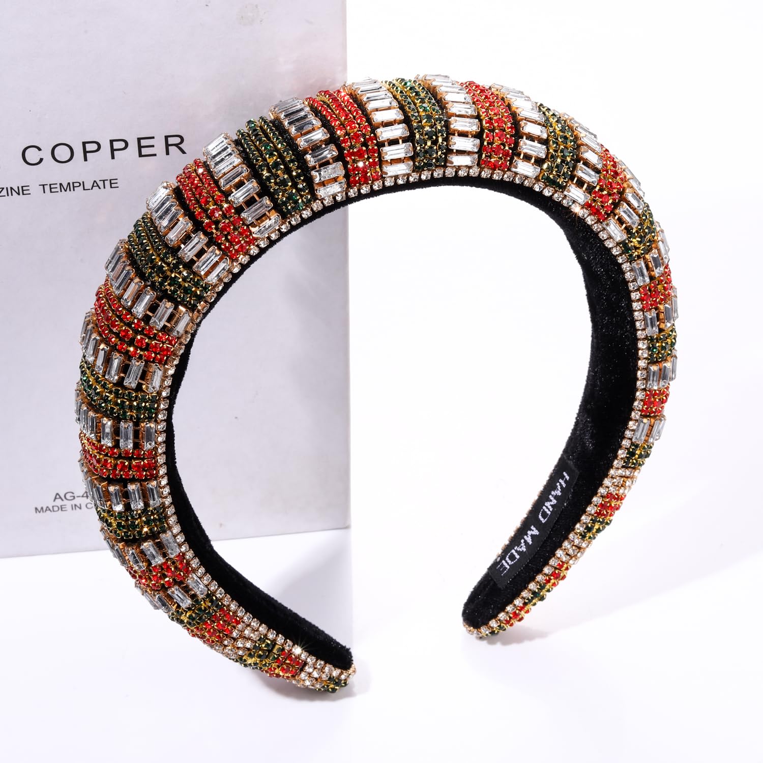 NVENF Diadema de Navidad con diamantes de imitación de cristal para mujer, diadema ancha de terciopelo con cuentas de color rojo y verde, accesorio