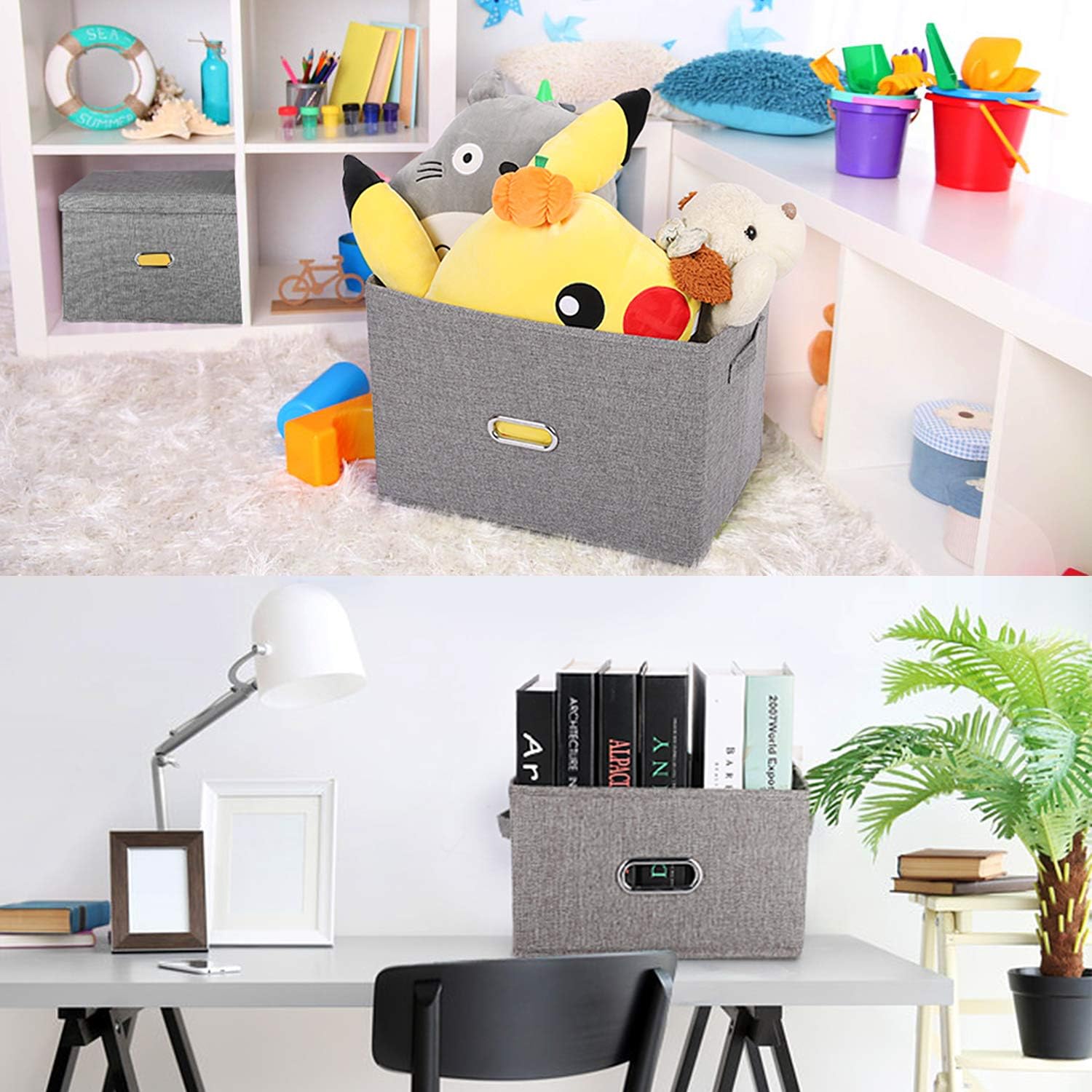 Papelera Valease de almacenamiento, plegable, de tela de lino, con tapa y asas extraíbles, organizador de cajas de almacenamiento lavables, cubos