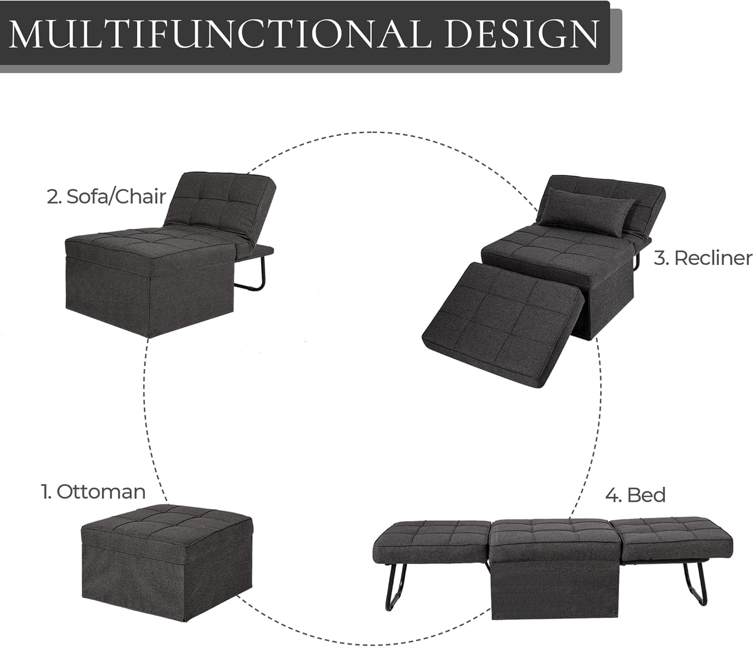 Sofá cama convertible, cama otomana plegable multifunción 4 en 1 con respaldo ajustable, moderna silla extraíble para sala de estar, apartamento,