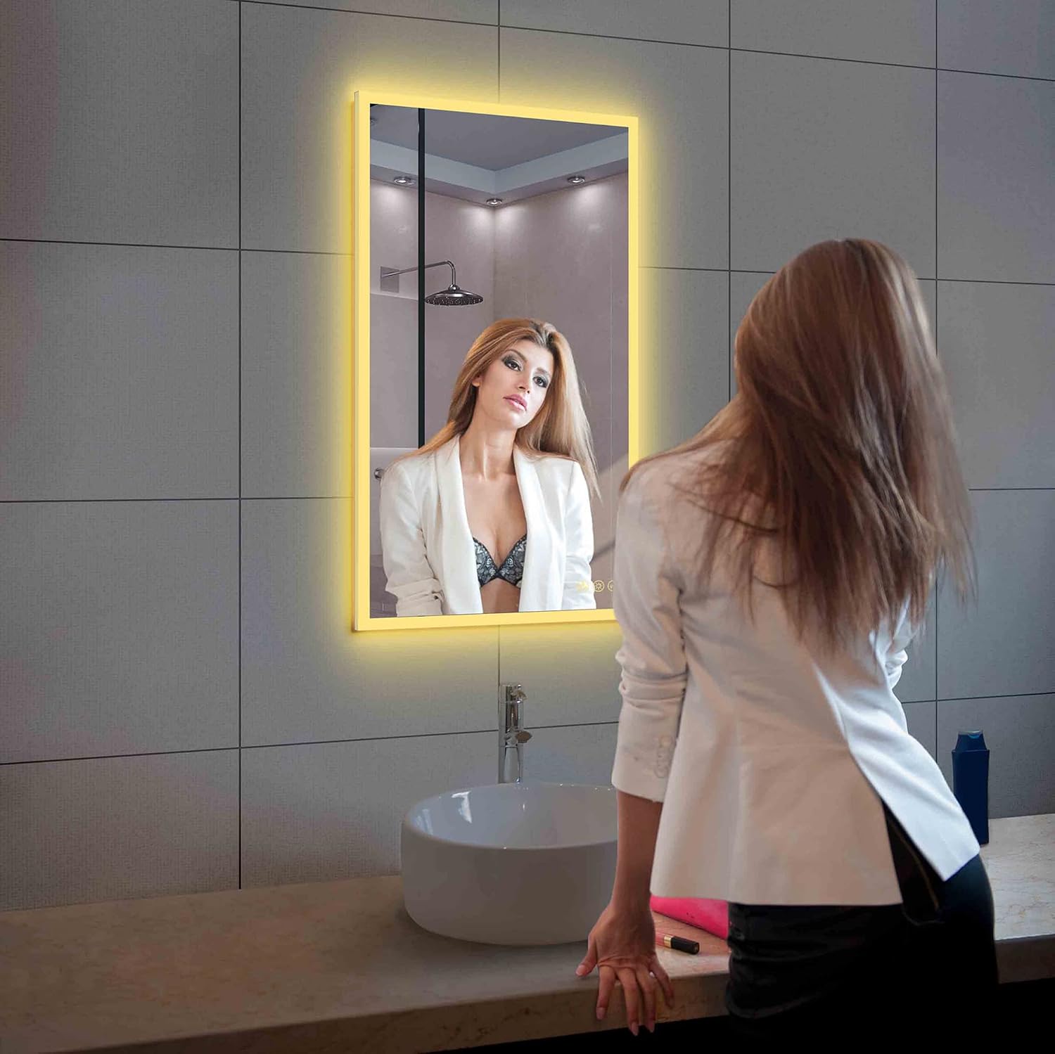 Espejo de baño LED de 21 x 36 pulgadas con antiniebla, atenuador, temperatura de color ajustable, espejo LED inteligente para baño (21 pulgadas,