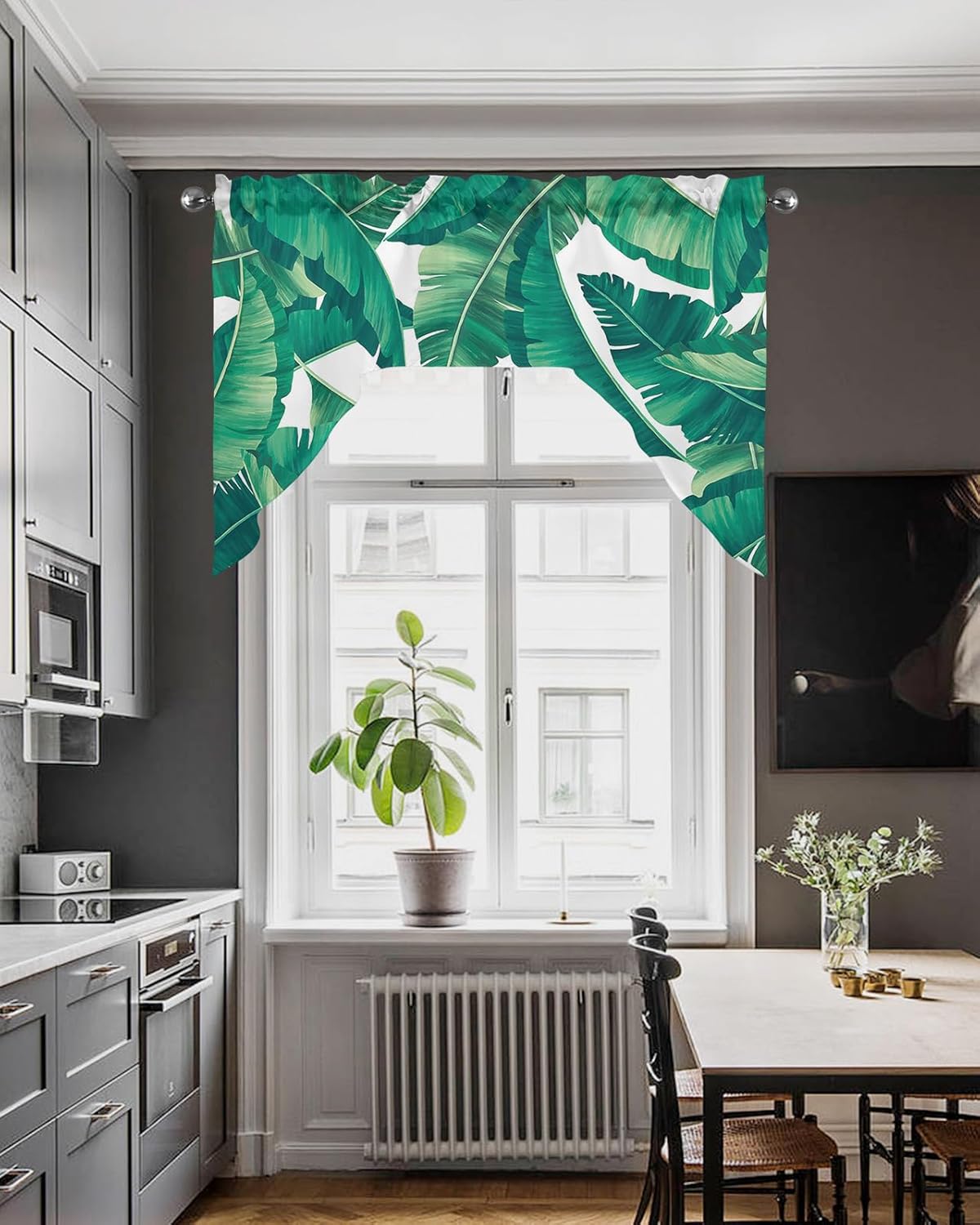 Cortinas cortas con cenefa para cocina, cortina corta con bolsillo para barra, con estampado de hojas tropicales, con aislamiento térmico y